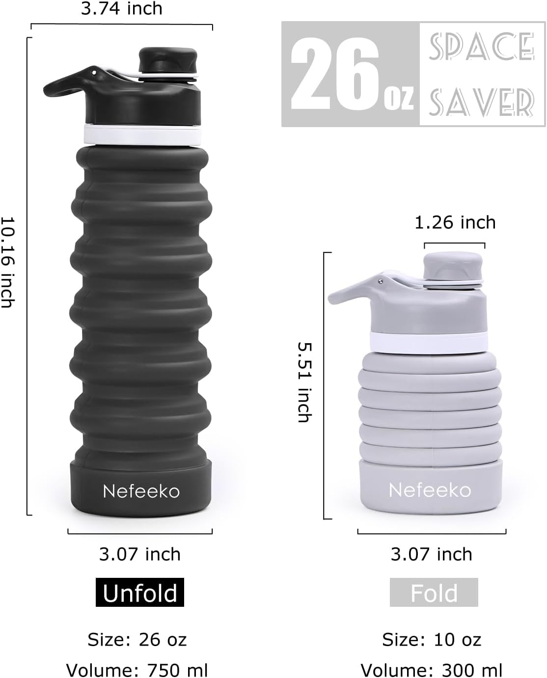 Nefeeko Collapsible Water Bottle, 26oz Silicone Foldable Water Bottles Leakproof BPA Free Travel Water Bottles with Carabiner, Portable Sport Water Bottles for Camping,Hiking Outdoor Indoor Sport