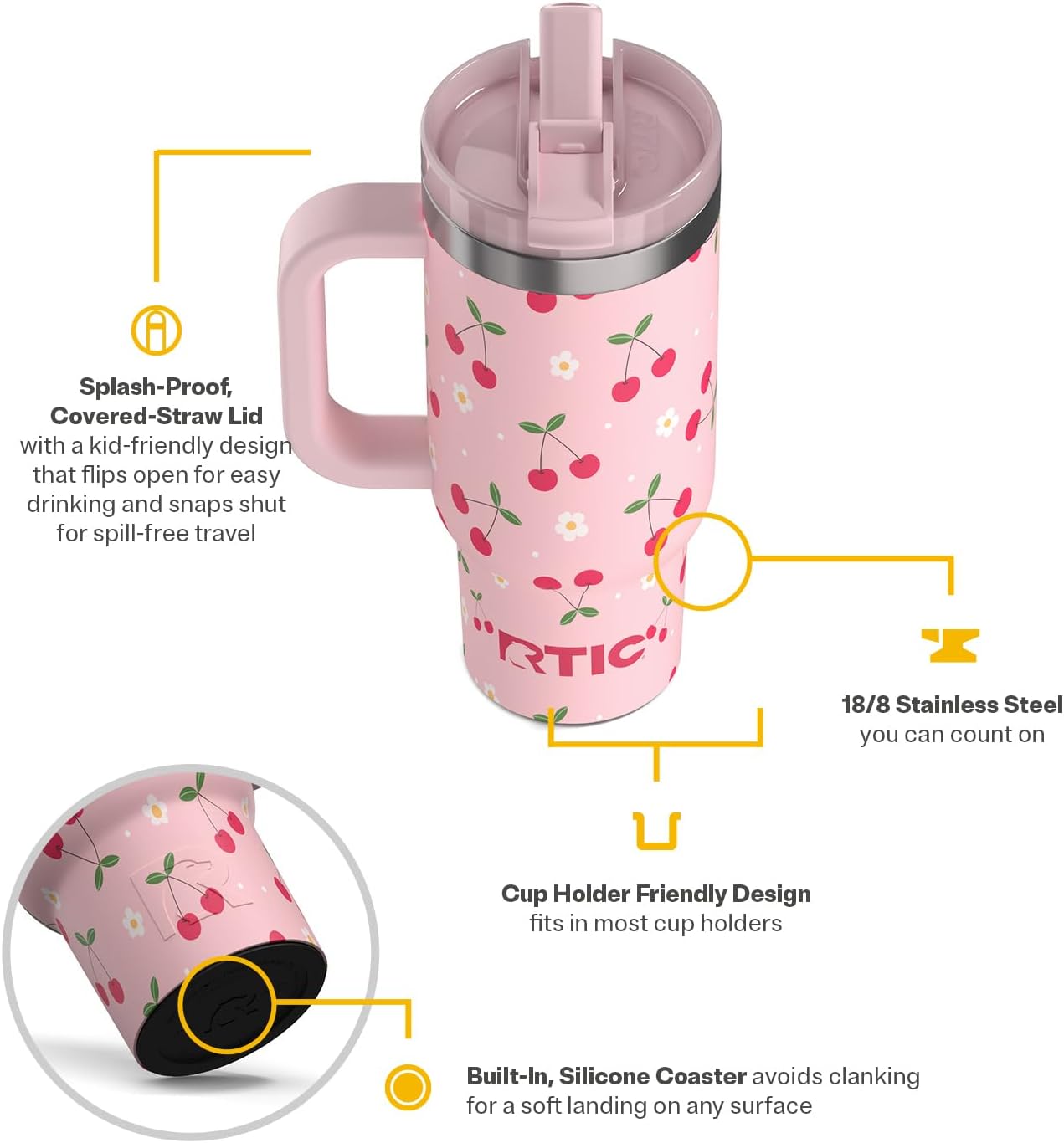 RTIC Little Road Trip Tumbler 16oz for Kids with Straw Lid and Handle, Ceramic Lined, Insulated Stainless Steel Travel Water Mug Cup, Leak-Proof, RTIC Ice Glitter