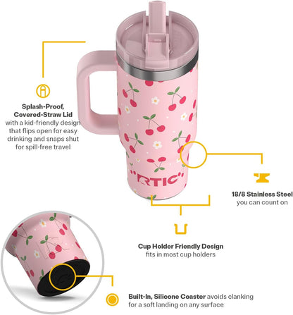 RTIC Little Road Trip Tumbler 16oz for Kids with Straw Lid and Handle, Ceramic Lined, Insulated Stainless Steel Travel Water Mug Cup, Leak-Proof, RTIC Ice Glitter