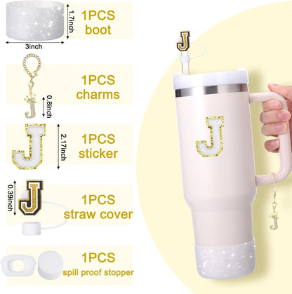 Mity Rain 6pc Cup Accessories Set for Stanley 30 oz & 40 oz Tumbler with Handle, Including Straw Cover Cap, Cup Initials Charm, Silicone Boot, Round & Square Spill Proof Stopper