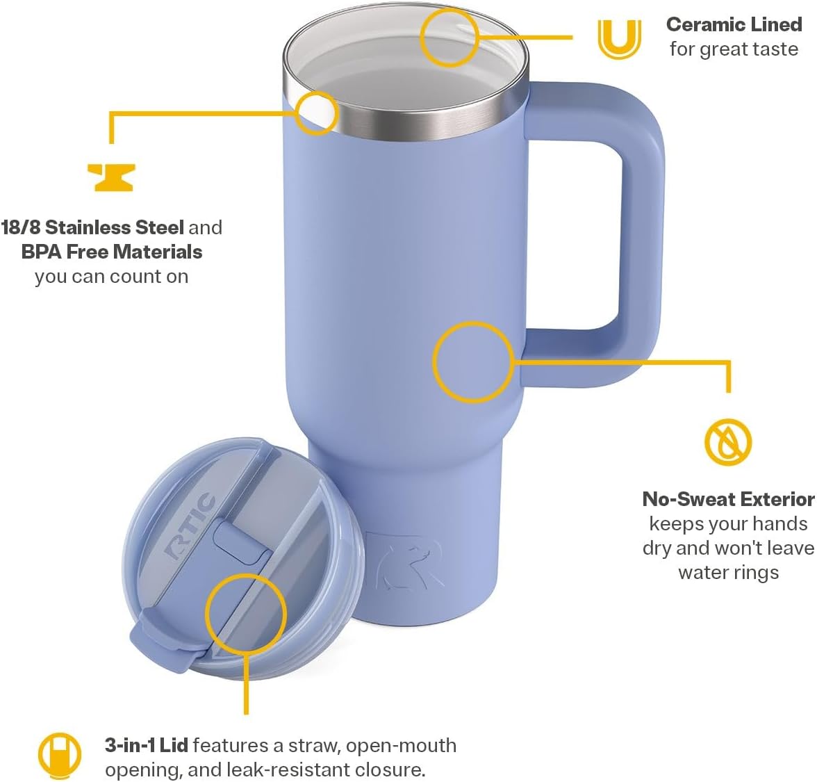 RTIC 30 oz Road Trip Tumbler Double-Walled Ceramic Lined InsulatedStainless Steel Portable Travel Coffee Mug Cup with Lid, Handle and Straw, Periwinkle Bouquet
