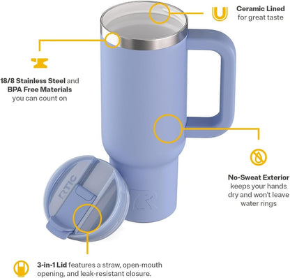 RTIC 30 oz Road Trip Tumbler Double-Walled Ceramic Lined InsulatedStainless Steel Portable Travel Coffee Mug Cup with Lid, Handle and Straw, Periwinkle Bouquet
