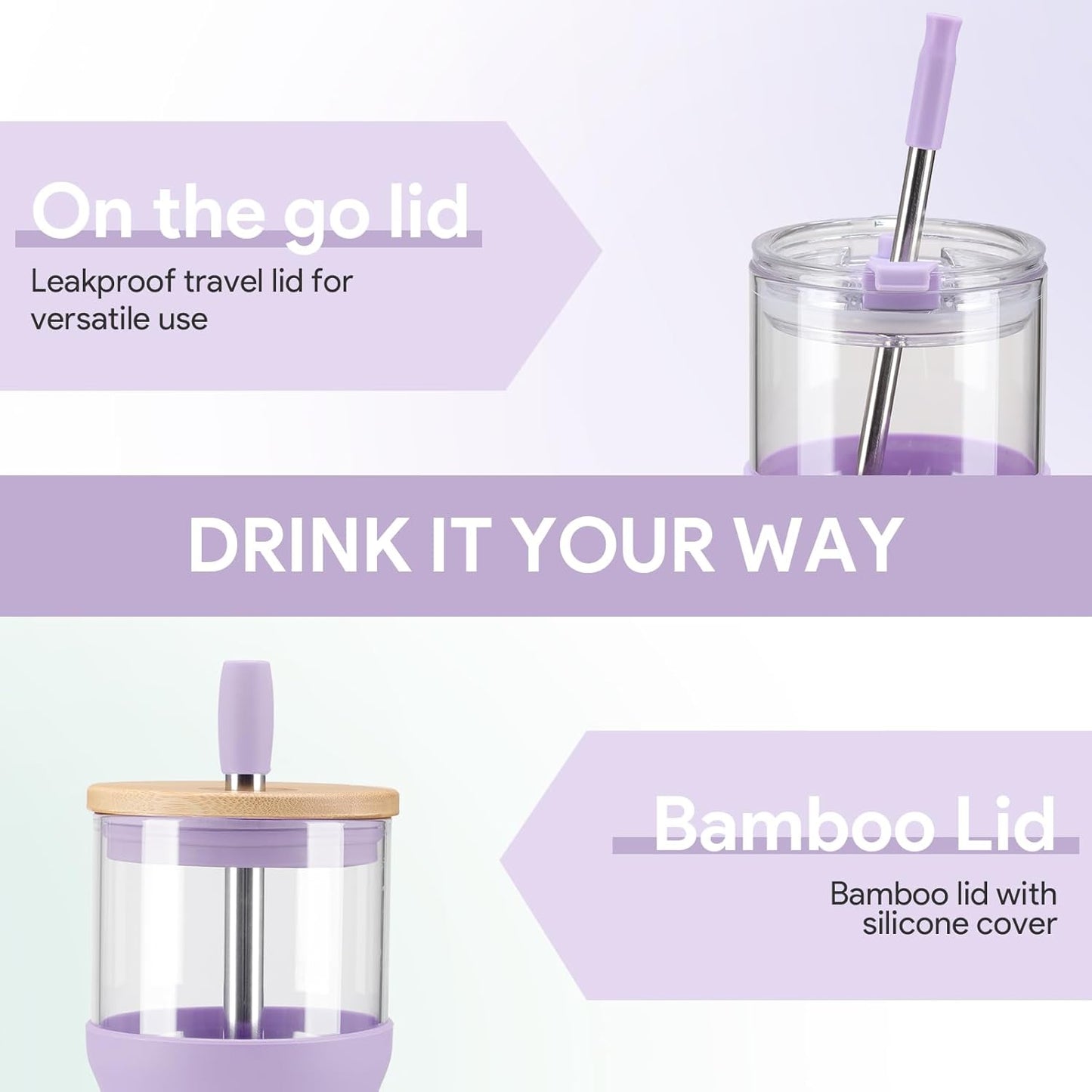 Glass Tumbler with Lids and Straws, 20 oz Iced Coffee Cup and Smoothie Cup with Bamboo Lid and On the go Lid,Glass Cups With Straws