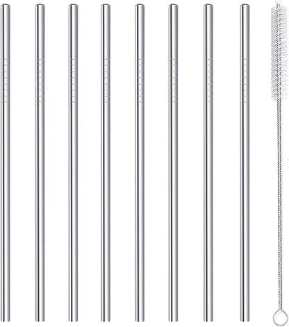 Stainless Steel Straws Metal Reusable Drinking Straw for Juice Iced Coffee Cold Beverage Water Highball Glasses 20oz Tumblers Mugs Cups, 0.24" 6mm Wide 215mm Long, Set of 8 with Brush, Silver