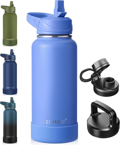CIVAGO 32 oz Insulated Water Bottle With Straw, Stainless Steel Sports Water Cup Flask with 3 Lids (Straw, Spout and Handle Lid), Wide Mouth Travel Thermal Mug, Black
