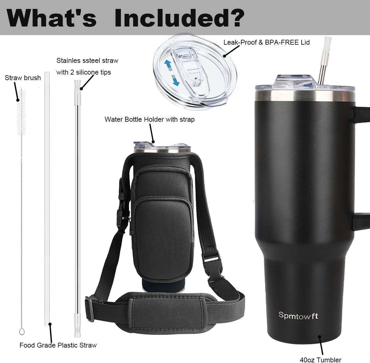 40oz Stainless Steel Double Vacuum Tumbler with Handle, Straw Lid, Carrier Bag, Purse Pouch Phone Pocket, Gym Water Bottle Travel Mug and Sleeve Holder for Men Women (Black)