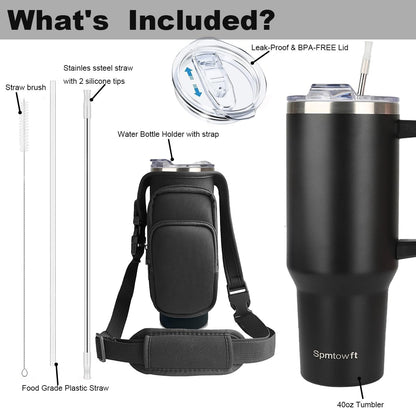 40oz Stainless Steel Double Vacuum Tumbler with Handle, Straw Lid, Carrier Bag, Purse Pouch Phone Pocket, Gym Water Bottle Travel Mug and Sleeve Holder for Men Women (Black)