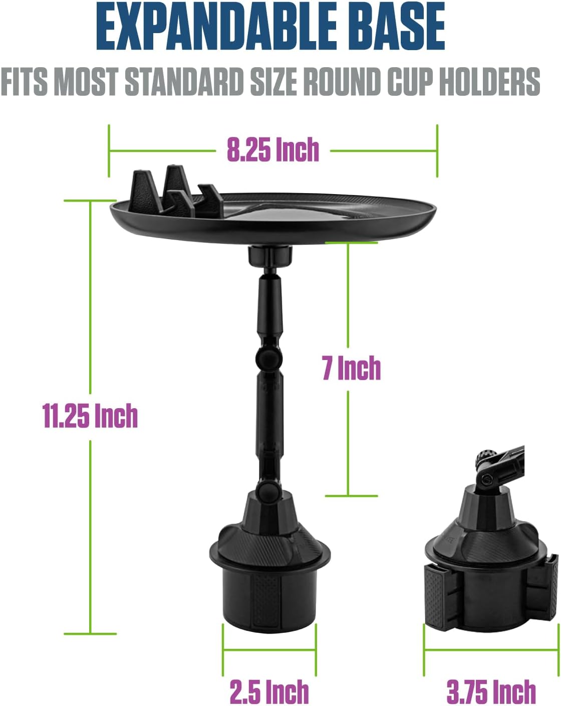 Cellet Cup Holder Tray for Car with Phone Mount – Expandable Base, 360° Rotation Food & Drink Tray with Non-Slip Surface, Adjustable Arm for Eating in Vehicle – Fits Most Standard Car Cup Holders