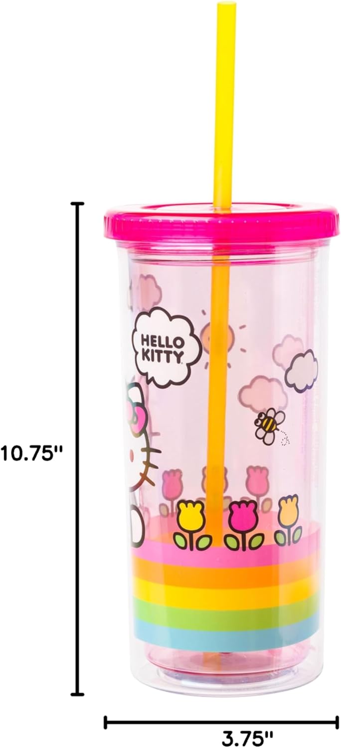 Silver Buffalo Sanrio Hello Kitty Milk Carton Pattern Plastic Boba Tumbler w Lid and Wide Straw, 24 Ounces