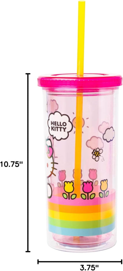 Silver Buffalo Sanrio Hello Kitty Milk Carton Pattern Plastic Boba Tumbler w Lid and Wide Straw, 24 Ounces