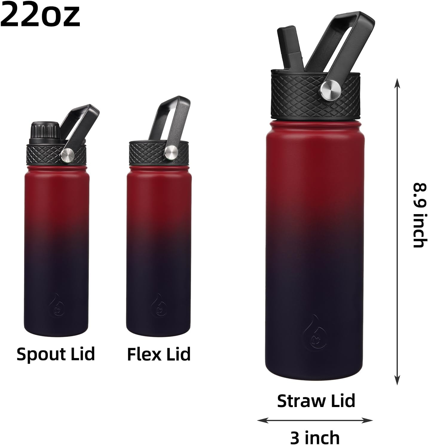 BJPKPK Insulated Water Bottles with Straw Lid, 40oz Stainless Steel Water Bottles with 3 Lids, BPA Free Leakproof Thermo, Tumblers, Cups for Sports, Gym- Midnight - Colors A