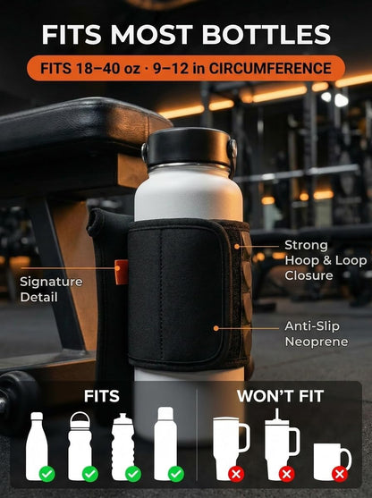 Magnetic Water Bottle Sleeve for Gym - Fits 18-40oz Bottles, 9-12 in Circumference - 4 Magnets Attach to Metal Equipment - Phone Pocket for iPhone 17 Pro Max - Black Neoprene (Bottle Not Included)