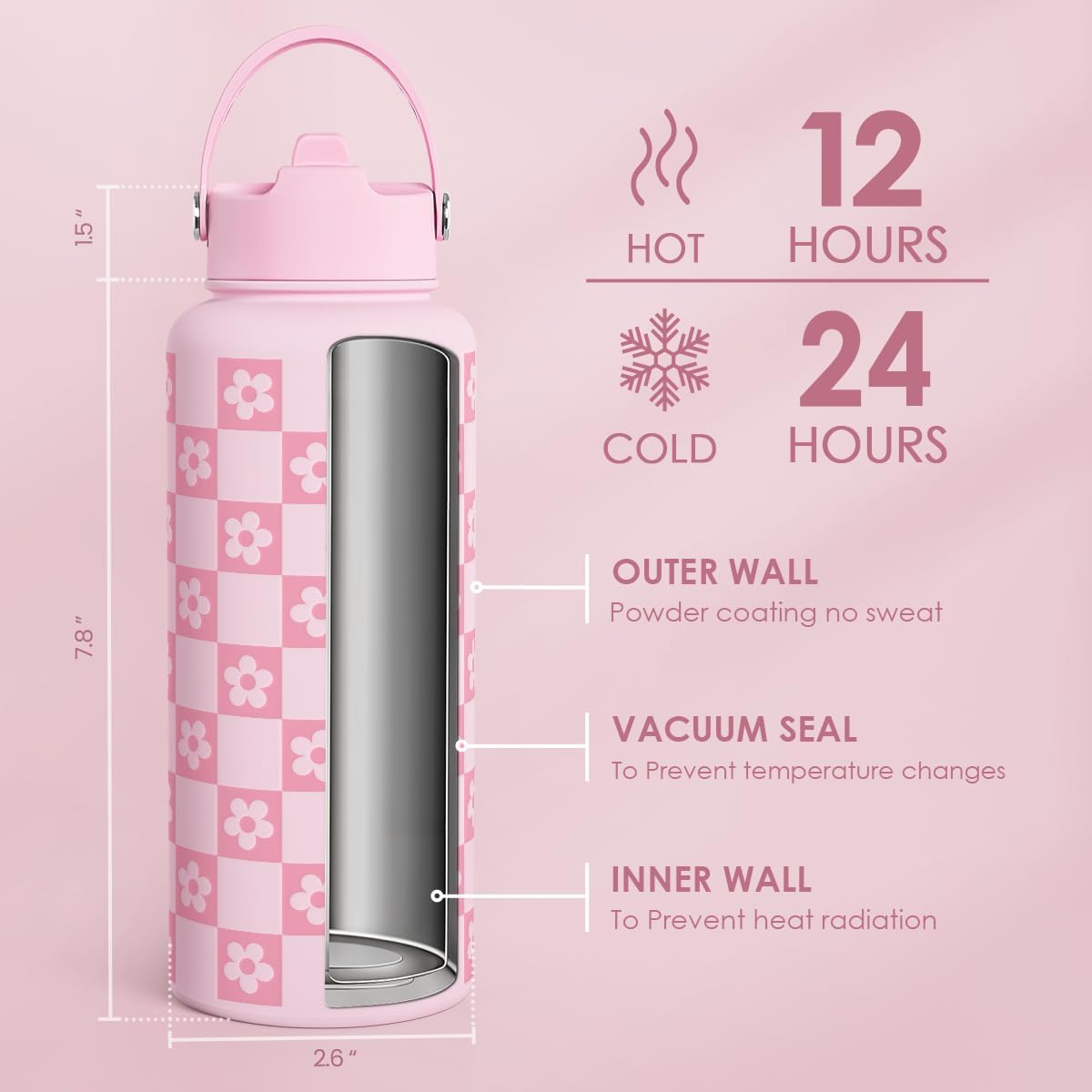 SANDJEST Pickleball Gift for Women, Water Bottle Stainless Steel 32oz with Lid & Straw, Sport Insulated Bottles Gifts for Girls Friends Teens Birthday Christmas