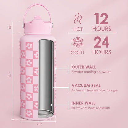 SANDJEST Pickleball Gift for Women, Water Bottle Stainless Steel 32oz with Lid & Straw, Sport Insulated Bottles Gifts for Girls Friends Teens Birthday Christmas