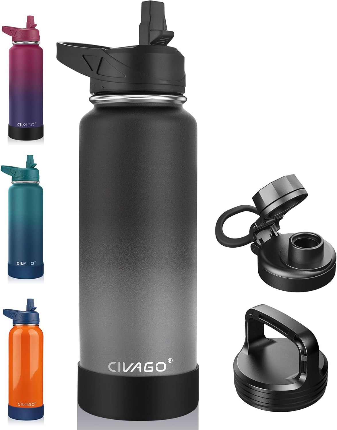 CIVAGO 32 oz Insulated Water Bottle With Straw, Stainless Steel Sports Water Cup Flask with 3 Lids (Straw, Spout and Handle Lid), Wide Mouth Travel Thermal Mug, Black