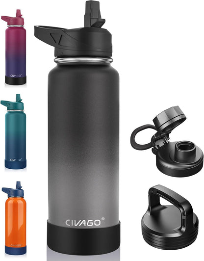CIVAGO 32 oz Insulated Water Bottle With Straw, Stainless Steel Sports Water Cup Flask with 3 Lids (Straw, Spout and Handle Lid), Wide Mouth Travel Thermal Mug, Black