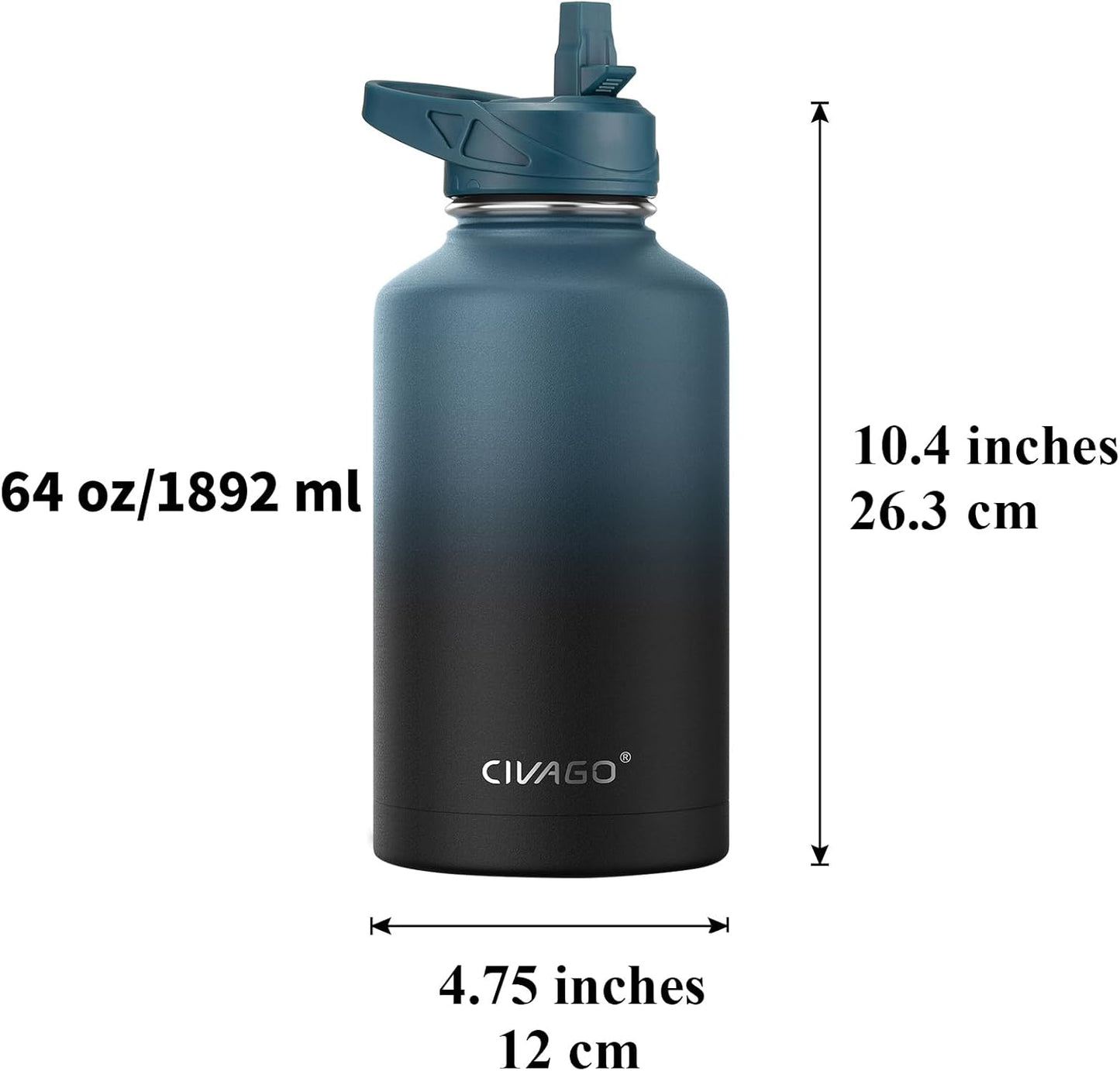 CIVAGO 32 oz Insulated Water Bottle With Straw, Stainless Steel Sports Water Cup Flask with 3 Lids (Straw, Spout and Handle Lid), Wide Mouth Travel Thermal Mug, Black