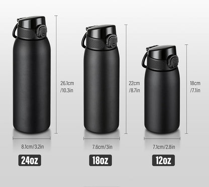 Insulated Water Bottle 24 oz with Dustproof Lid, Carry Handle & Tea Infuser, BPA-Free & Leakproof, Stainless Steel Water Bottles Ideal for Fitness, Hiking, Office & Outdoor Use (Black)