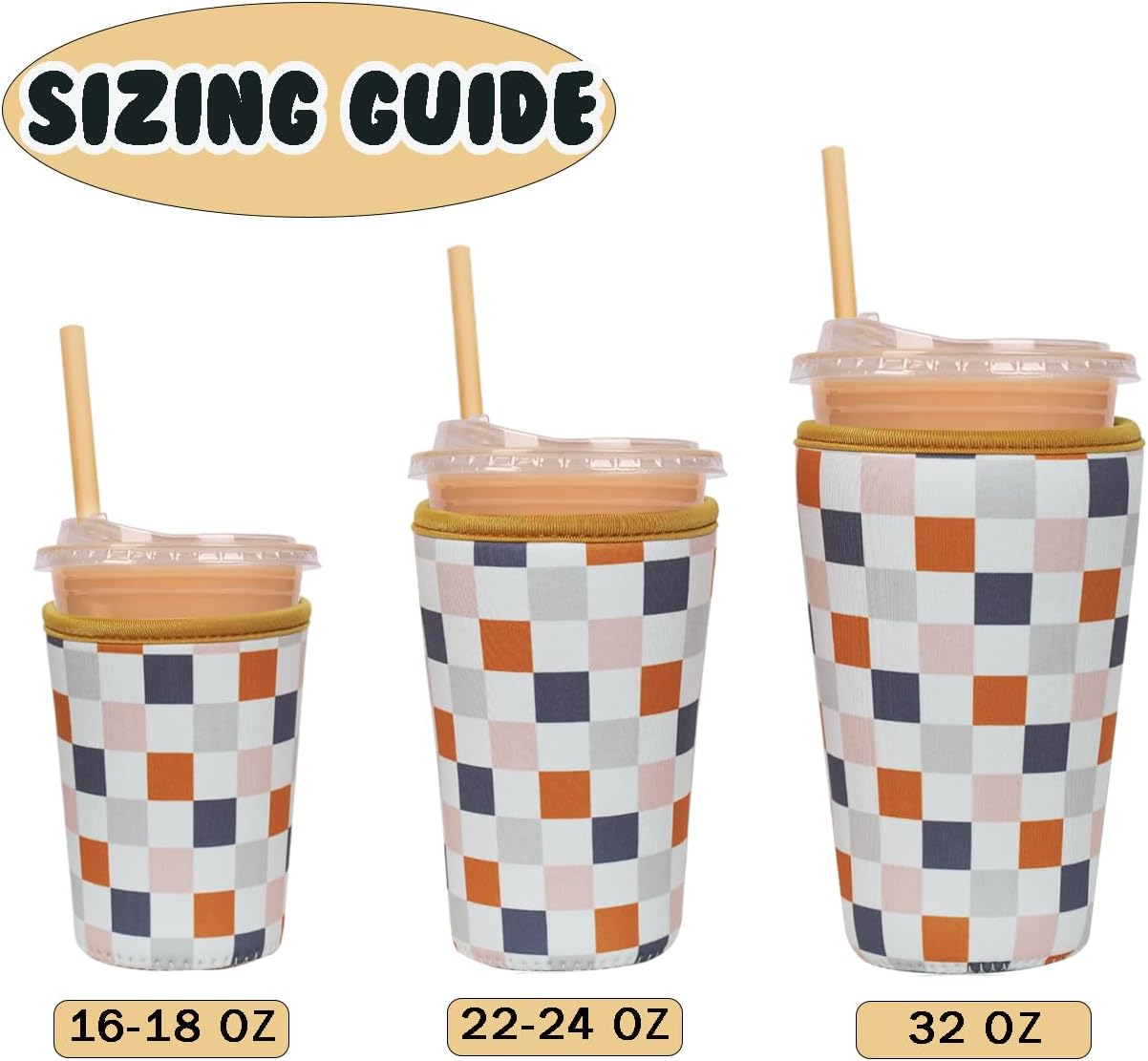 Reusable Insulated Neoprene Iced Coffee Cup Sleeve, Durable Drink Sleeve for Cold Beverages, Beverage Holder for Iced Coffee, Floral Checkers