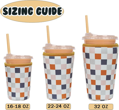 Reusable Insulated Neoprene Iced Coffee Cup Sleeve, Durable Drink Sleeve for Cold Beverages, Beverage Holder for Iced Coffee, Floral Checkers