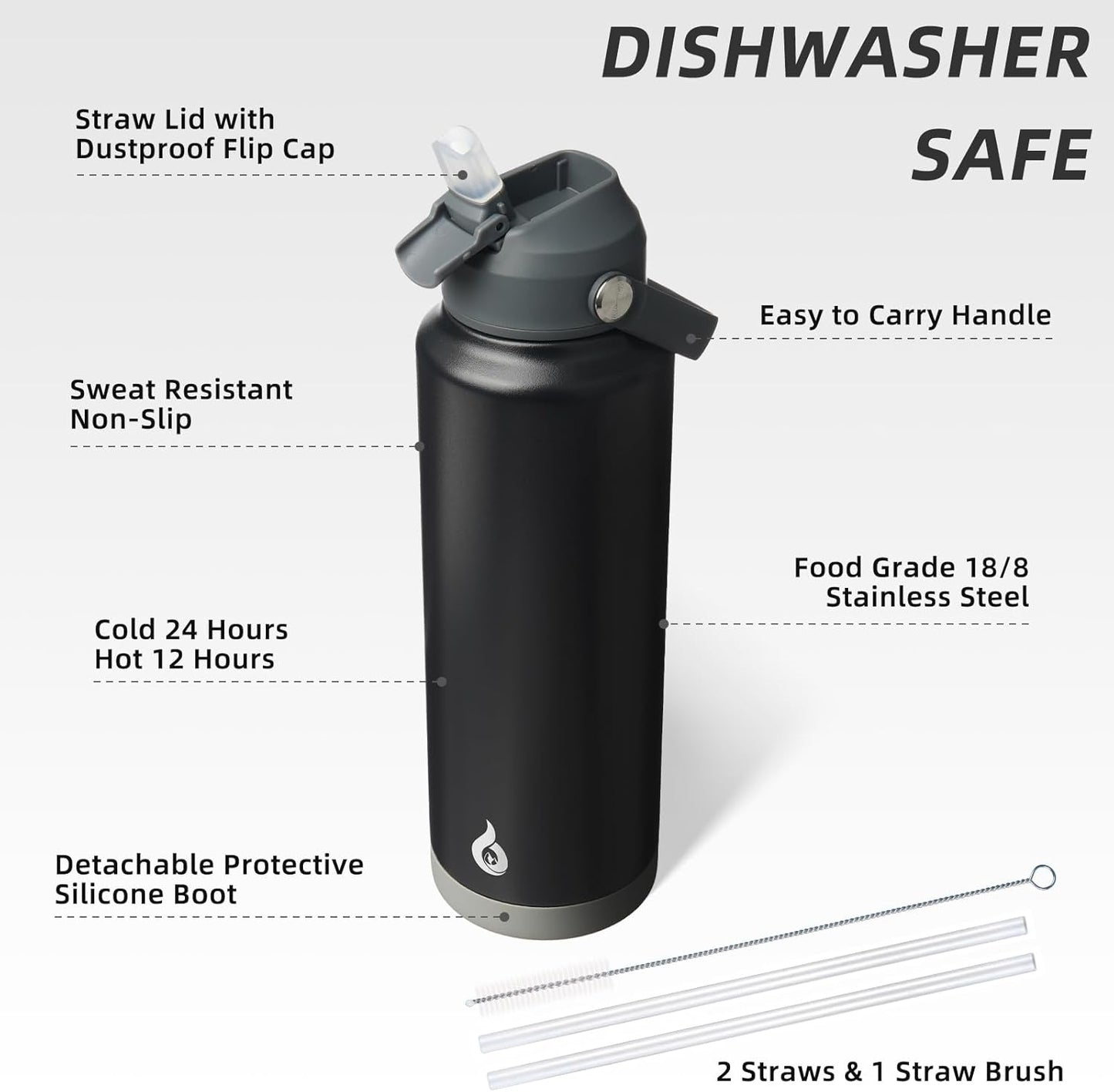 BJPKPK Insulated Water Bottle with Straw Lid, 18oz Thermo Water Bottles with Soft Nozzle, Flex Handle & Non-slip Boot, BPA Free Leak Proof Stainless Steel Metal Thermo, Tumblers, Cups,Sea Salt