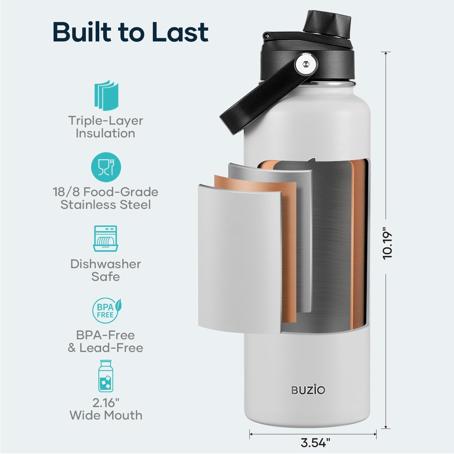 BUZIO 40oz Insulated Water Bottle, Triple Wall Vacuum Stainless Steel Water Flask with 2 lids, Lead-Free BPA-Free Straw Lid Sports Canteen Jug, Cold 48H & Hot 24H- Black - Colors A