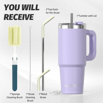 40 oz Tumbler with Handle,Tumbler with Lid and Straw,Double Wall Insulated Cup Stainless Steel Travel Mug(Cold for 34 Hours),Water Bottle for Iced Tea,Coffee,Cold Beverages(Purple)