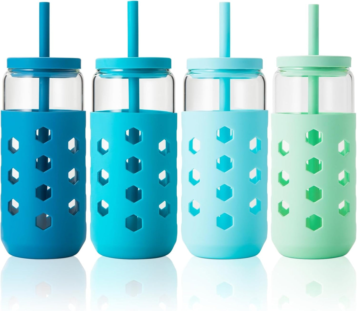 Mrsdry Glass Cups with Lids and Straws (4 Pcs), 16oz Drinking Glasses Set with Silicone Sleeves for Coffee Bar Accessories Iced Coffee Cups with Lids, Glass Tumbler Reusable for Gifts