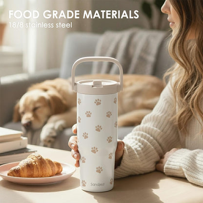 SANDJEST Leopard Skin Stainless Steel Straw Lid Tumbler 30oz with Carry Handle for Women Girls, Insulated Travel Coffee Cup, Gift for Sports Outdoor Workout Christmas Birthday (Beige)