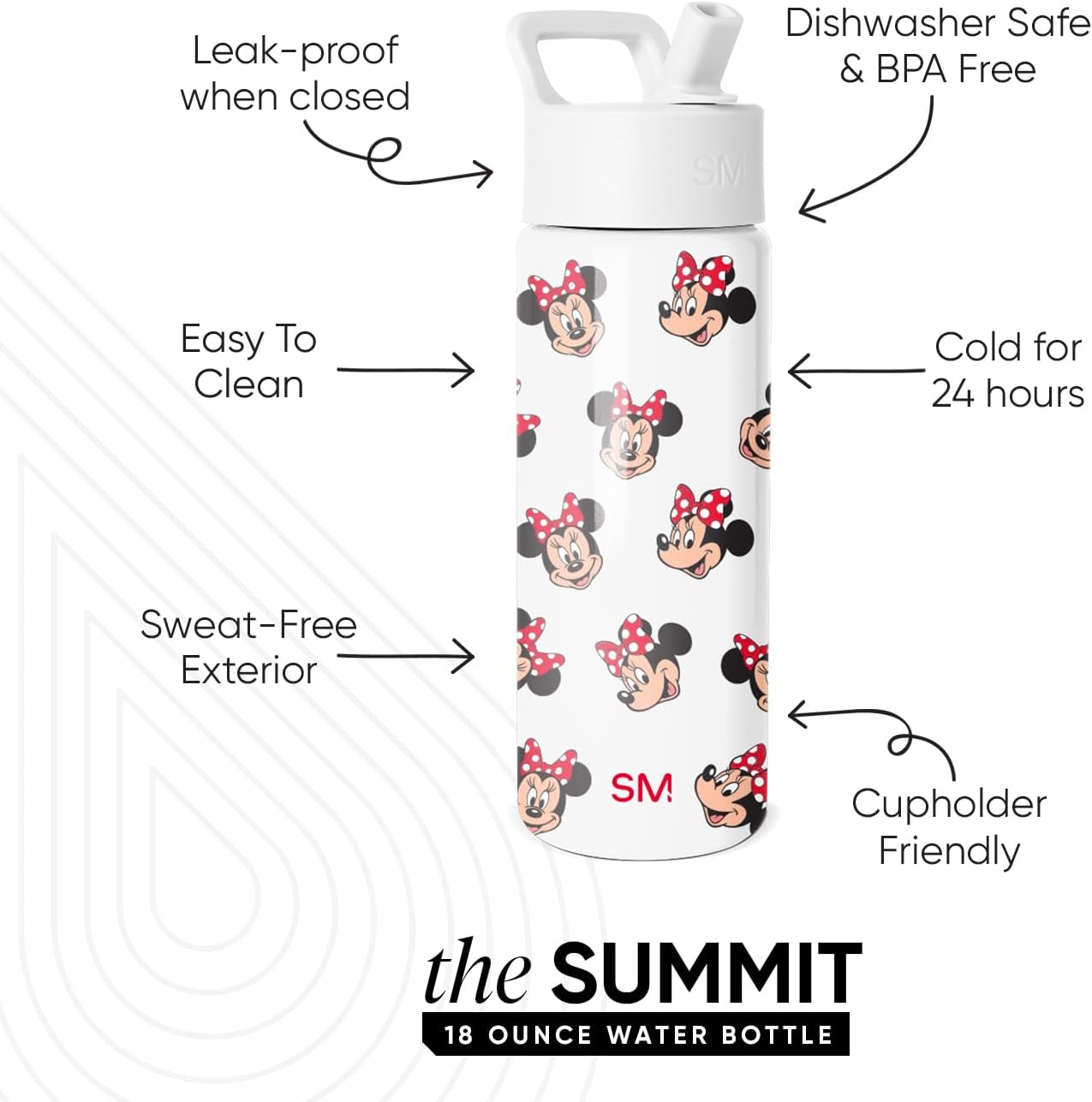 Simple Modern Disney Minnie Mouse Kids Water Bottle with Straw Lid | 14oz Insulated Stainless Steel Kids Tumbler & Spill Proof Toddler Cup for School, Girls, Boys | Summit | Minnie Mouse Fun - Colors A