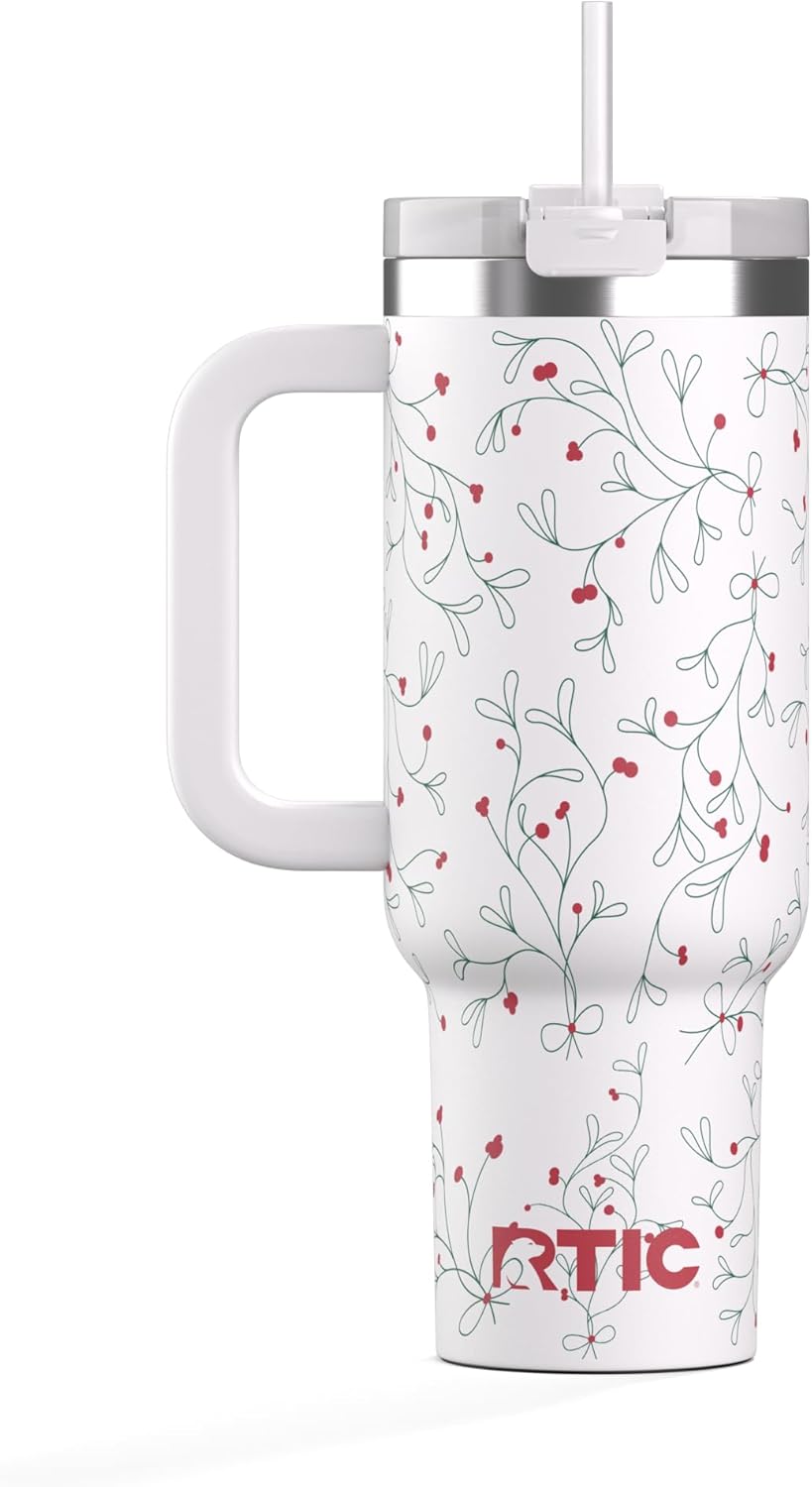 RTIC 30 oz Road Trip Tumbler Double-Walled Ceramic Lined InsulatedStainless Steel Portable Travel Coffee Mug Cup with Lid, Handle and Straw, Periwinkle Bouquet