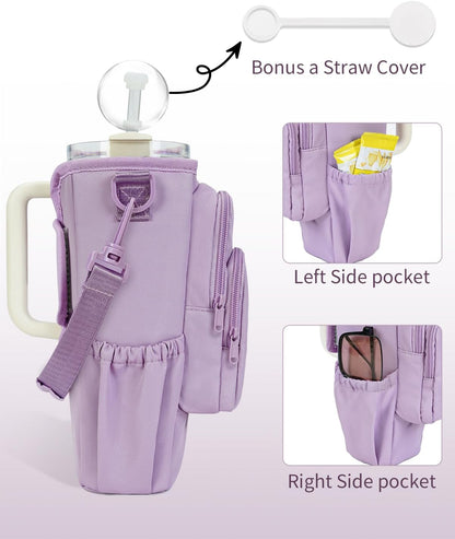 sportsnew Water Bottle Carrier Bag with Phone Pocket for 30oz 40oz Tumbler with Handle Accessories Insulated Water Bottle Holder Pouch with Strap Crossbody with Straw Cover