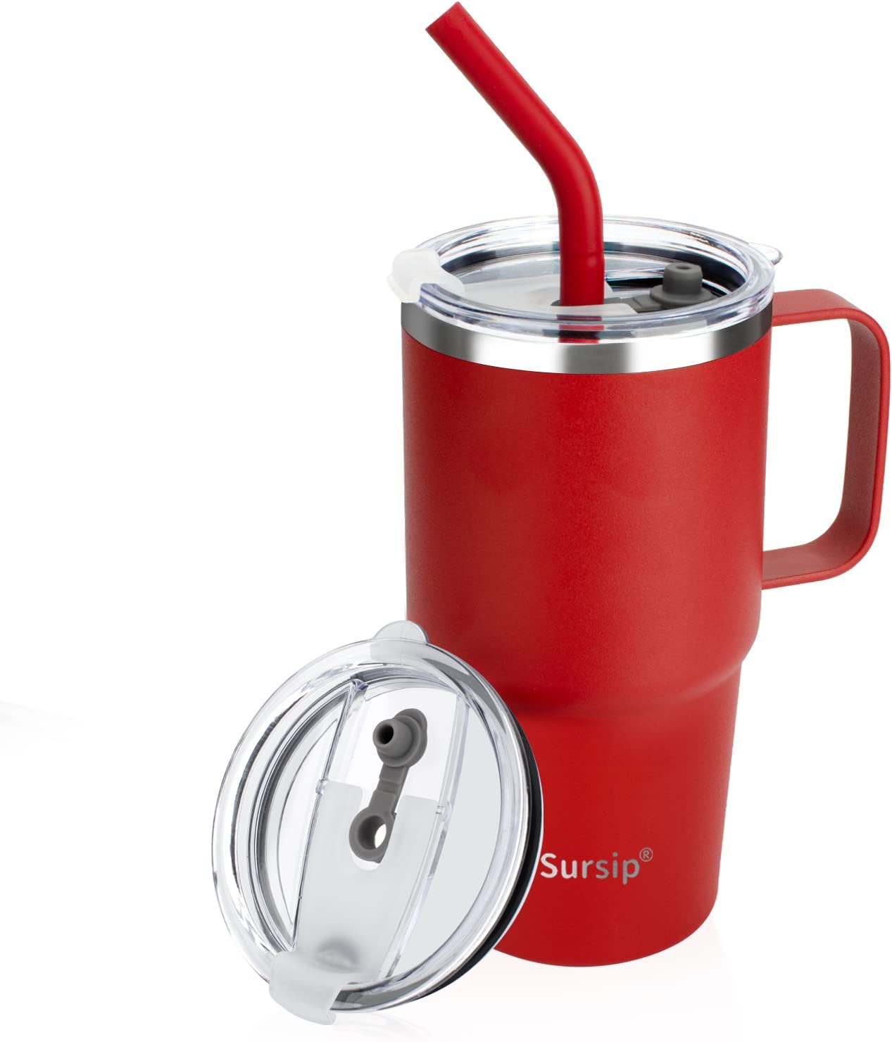 Sursip Insulated Coffee Mug with Handle and Lid, 24 oz Double Wall Vacuum Travel Thermal Coffee Tumbler with Straw for Home, Office Stainless Steel Coffee Cup - Leak proof, BPA Free (Black-1 Pack)