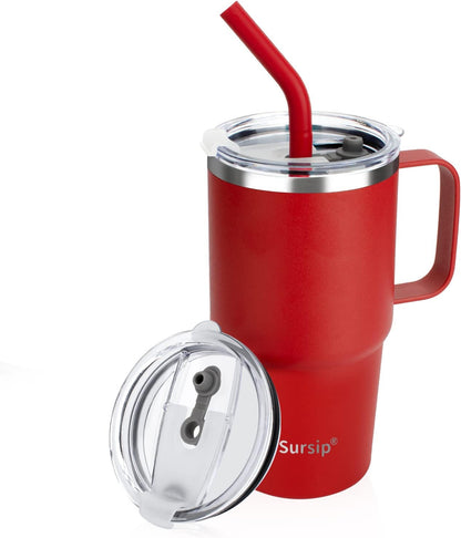 Sursip Insulated Coffee Mug with Handle and Lid, 24 oz Double Wall Vacuum Travel Thermal Coffee Tumbler with Straw for Home, Office Stainless Steel Coffee Cup - Leak proof, BPA Free (Black-1 Pack)