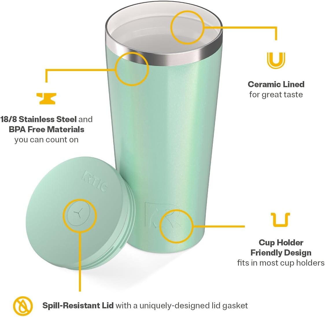 RTIC 20oz Everyday Tumbler Insulated Stainless Steel Portable Travel Coffee Cup with Straw, Ceramic Lining, Spill-Resistant Lid, BPA-Free, Hot and Cold Drink, Beach