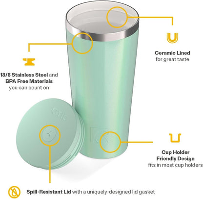 RTIC 20oz Everyday Tumbler Insulated Stainless Steel Portable Travel Coffee Cup with Straw, Ceramic Lining, Spill-Resistant Lid, BPA-Free, Hot and Cold Drink, Beach