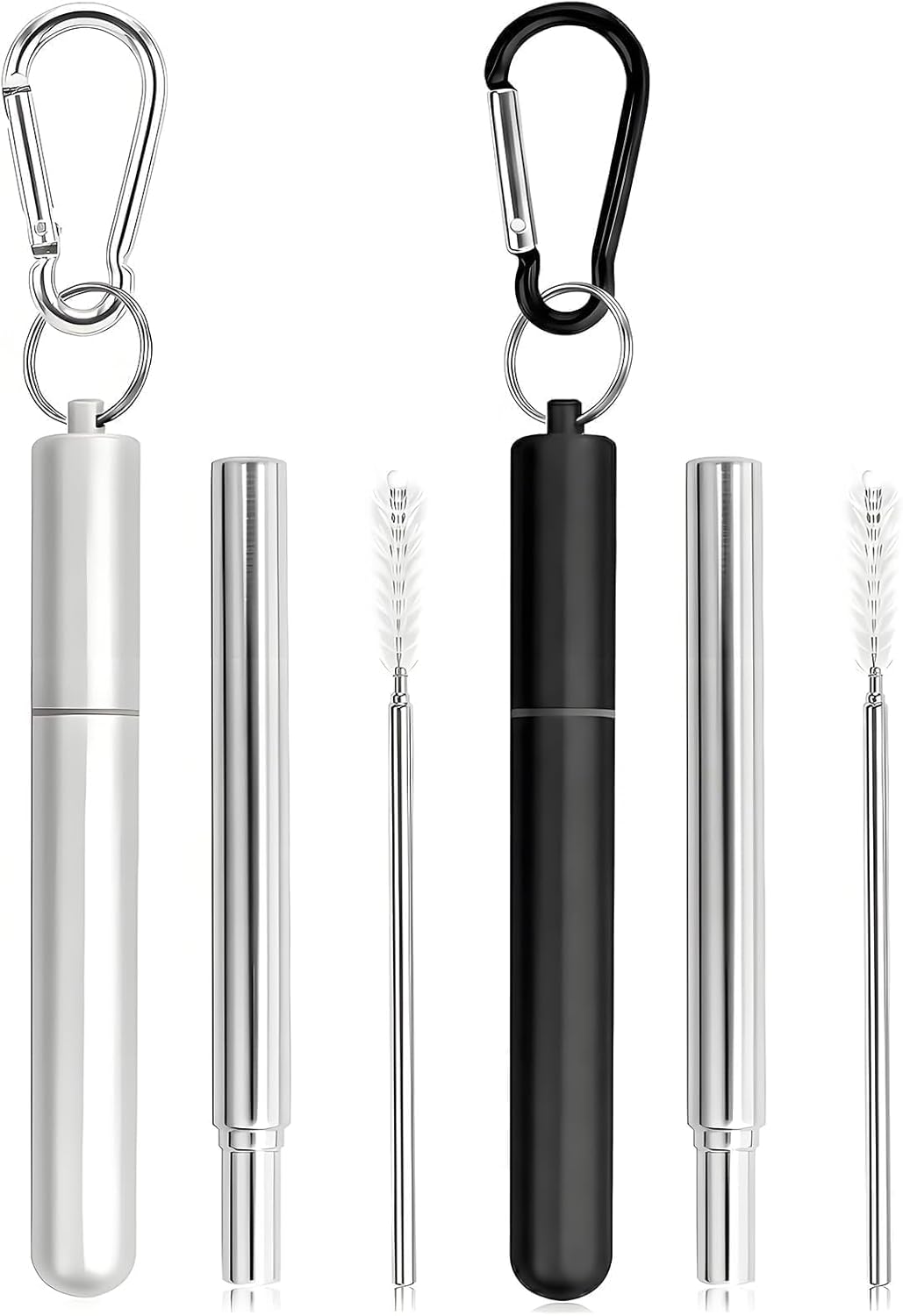 Collapsible Stainless Steel Drinking Straws with Aluminum Case, Cleaning Brush, and Keychains（Black+Silver）