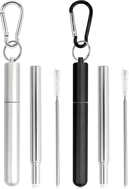 Collapsible Stainless Steel Drinking Straws with Aluminum Case, Cleaning Brush, and Keychains（Black+Silver）