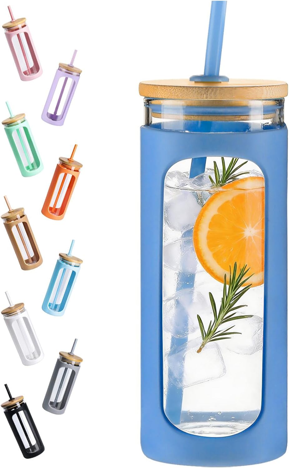 Kodrine 20oz Glass Water Tumbler with Straw and Lid, Bamboo Lids Water Bottle, Iced Coffee Cup Reusable, Wide Mouth Smoothie Cups with Protective Silicone Sleeve BPA FREE-Black - Colors B