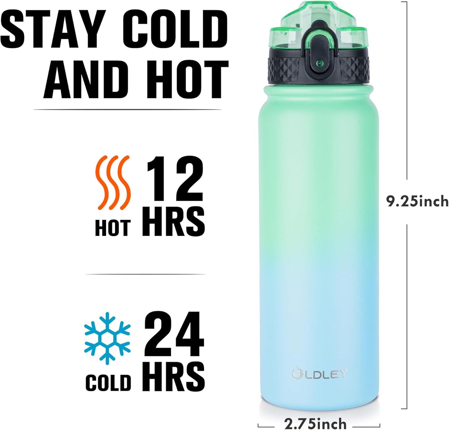 Oldley Insulated Water Bottle 20oz for Adults Kids Stainless Steel Water Bottles with Straw/Chug/Carabiner 3 Lids Fruit Strainer Double Wall Vacuum Wide Mouth BPA Free Leak-Proof for School Travel