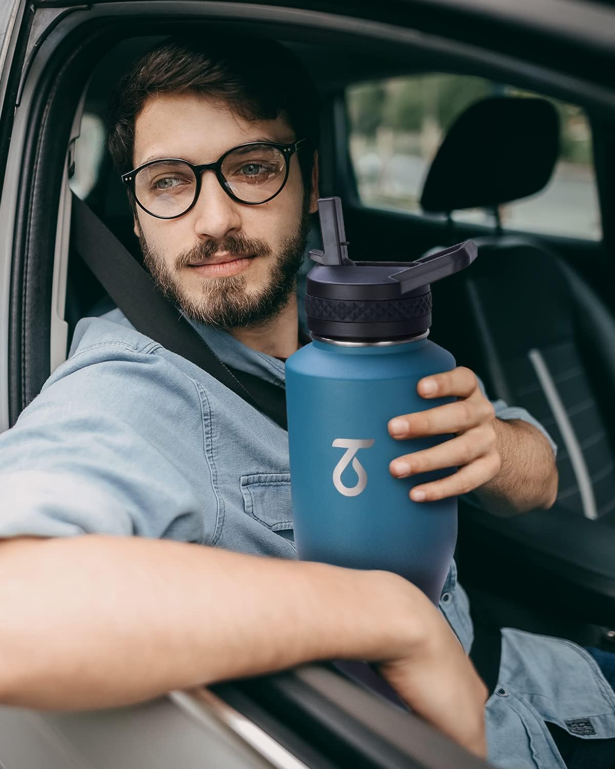 Trebo 40 oz Water Bottle Insulated Fit Car Cup Holder with Handle, Stainless Steel Water Bottles Tumbler with Spout Straw Lids, Double Wall Travel Reusable Flask, Leakproof Mug,Keep Cold &Hot,Black