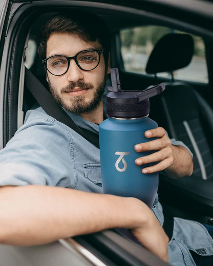 Trebo 40 oz Water Bottle Insulated Fit Car Cup Holder with Handle, Stainless Steel Water Bottles Tumbler with Spout Straw Lids, Double Wall Travel Reusable Flask, Leakproof Mug,Keep Cold &Hot,Black