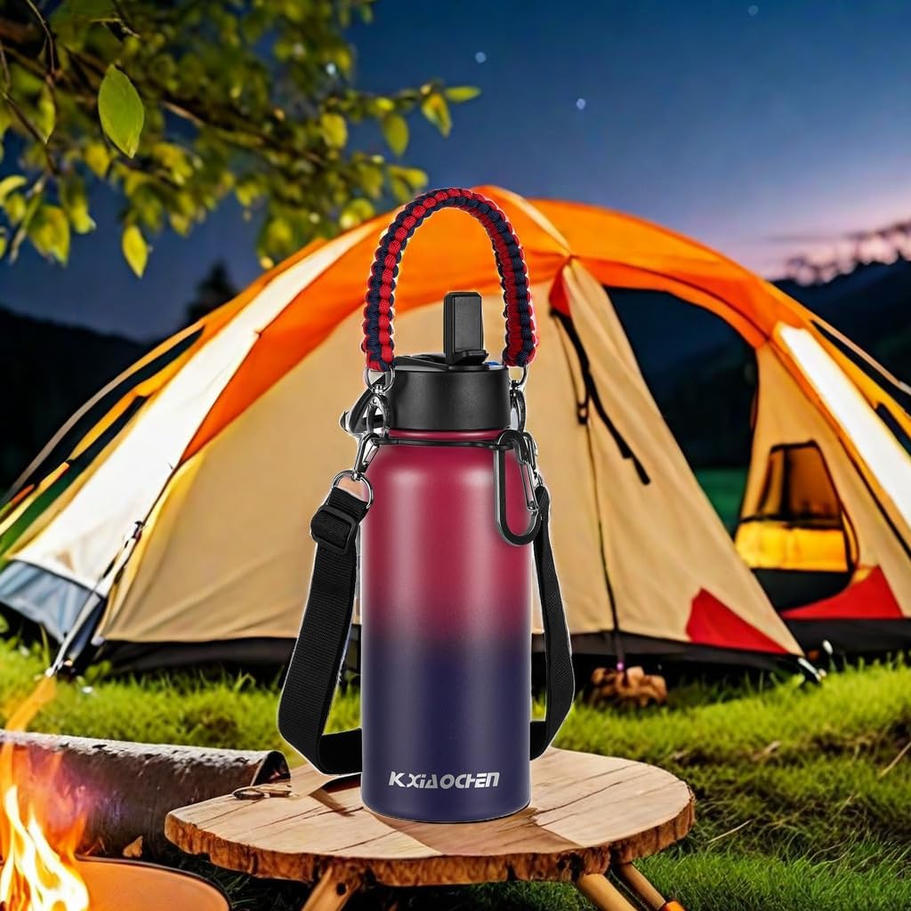 KXIAOCHEN Insulated Water Bottle With Strap, Cold For 48 Hrs Leak Proof, Triple Wall Stainless Steel Sports Water Bottle With Straw And Spout Lid For Gym Hiking Travel