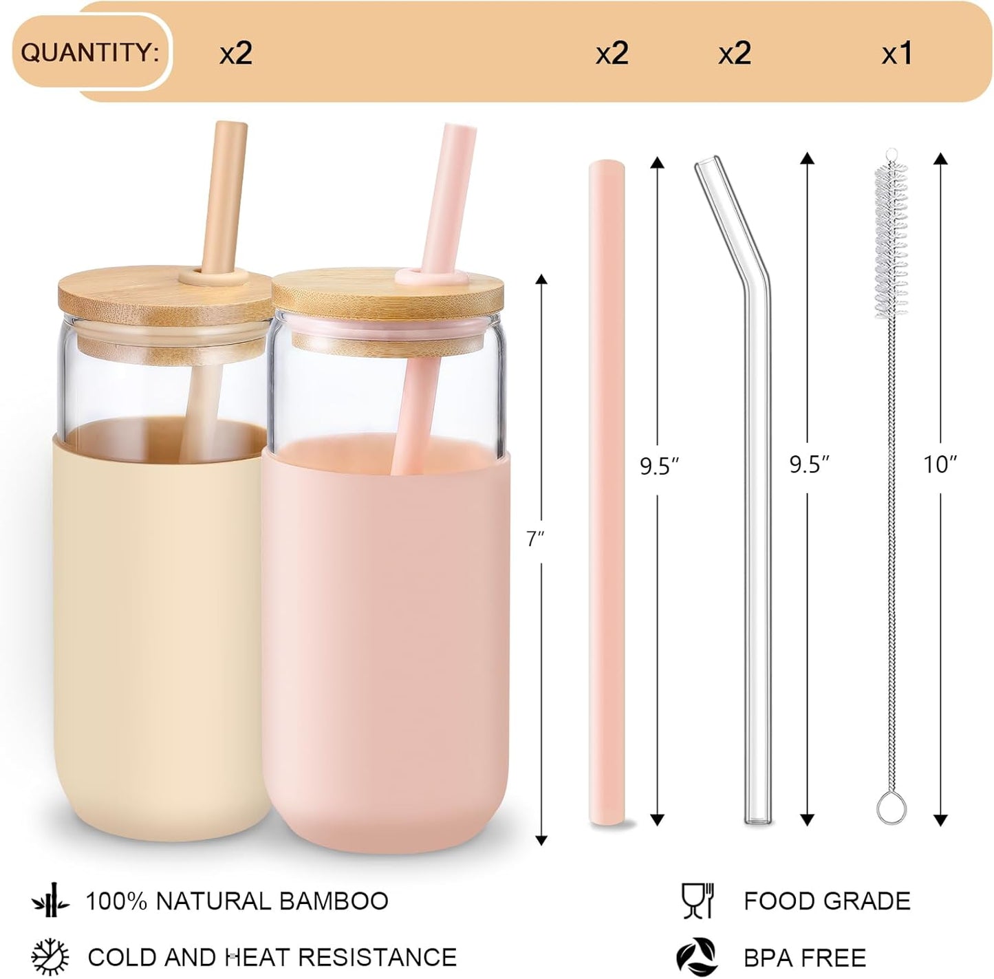 20oz Glass Water Tumbler with Silicone Protective Sleeve - Beer Shaped Glass Cups with Straw and Bamboo Lid, Iced Coffee Glasses, Cute Drinking Glasses for Water, Smoothie, Gift - Cambridge Blue