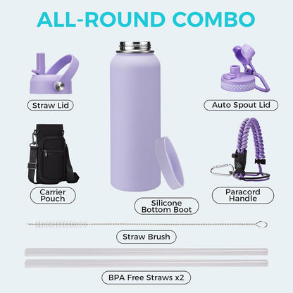 32/40/64OZ Insulated Water Bottle - Keep Cold 48H Hot 24H, Combo Straw/Spout Lids, Paracord Handle for Gym/Hiking, Carrier Bag +Strap, Cup Mat, BPA-Free Stainless Steel Flask Jug