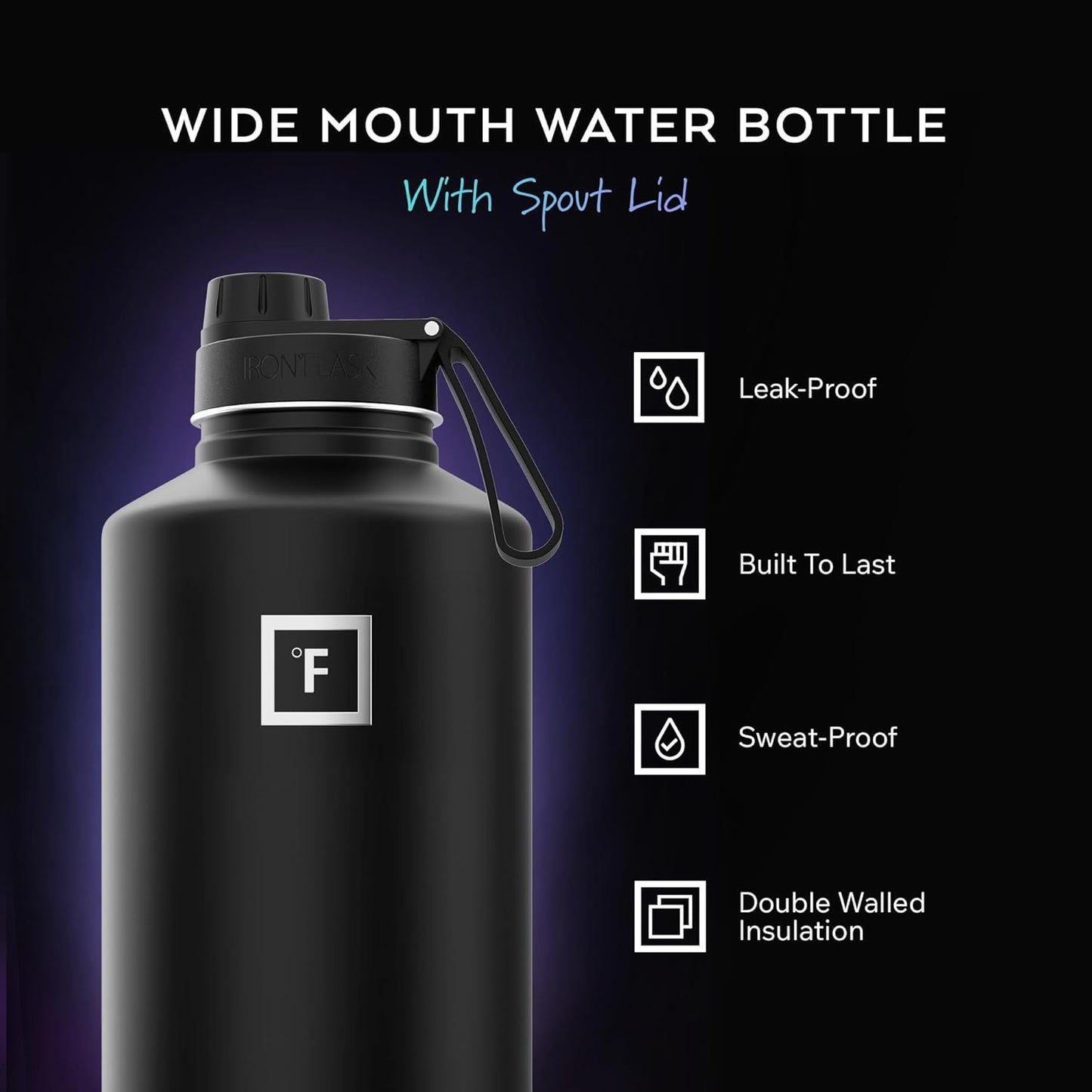 IRON °FLASK Camping & Hiking Hydration Flask with Straw, Wide Mouth Insulated Stainless Steel Sports Water Bottle - 40 oz Midnight Black