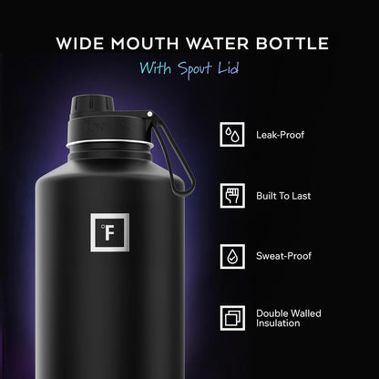 IRON °FLASK Camping & Hiking Hydration Flask with Straw, Wide Mouth Insulated Stainless Steel Sports Water Bottle - 40 oz Midnight Black