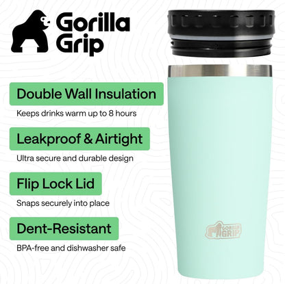 GORILLA GRIP 304 Stainless Steel Double Insulated Travel Coffee Mug, Leakproof Lid with Smooth Sip Top, Prevent Spills, Dent & Rust Resistant Reusable Tumbler Cup, Thermal Mugs for Drinks, 20oz, Black