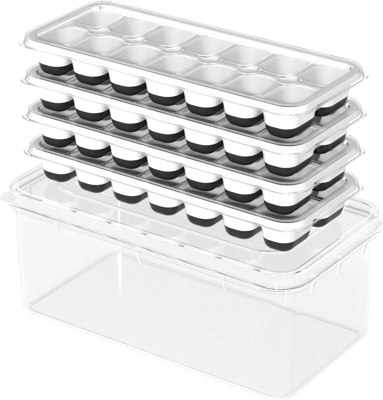 3 Pack Ice Cube Trays with Lid for Freezer, Flexible Silicone Bottom for Easy Release, Stackable Space-Saving Ice Molds, 1.2" Cubes Color-Coded (2 Green 1 Blue) for Juice, Coffee & Cocktails, BPA Free