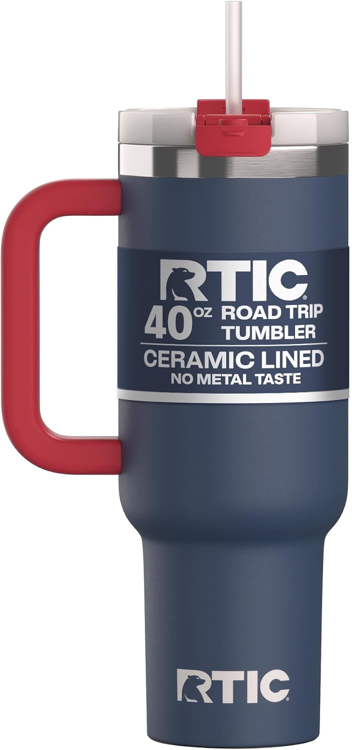 RTIC 30 oz Road Trip Tumbler Double-Walled Ceramic Lined InsulatedStainless Steel Portable Travel Coffee Mug Cup with Lid, Handle and Straw, Periwinkle Bouquet